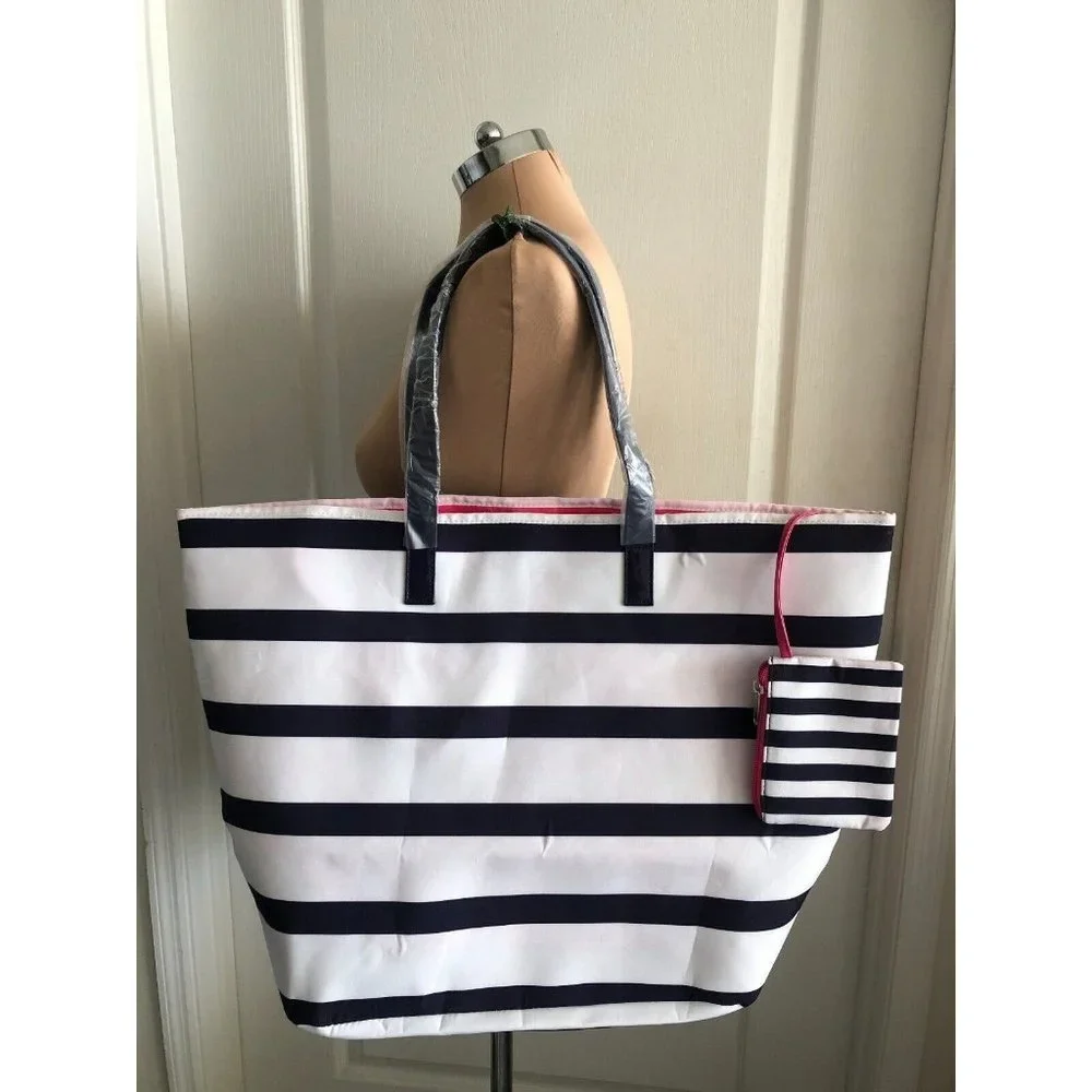 WHITE BLUE STRIPED TOTE BEACH GYM LAPT. HANDBAG W/ZIP POUCH ATTACHED NEW